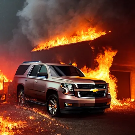 Image similar to a Chevy Tahoe in a dark burning warehouse, with flames illuminating