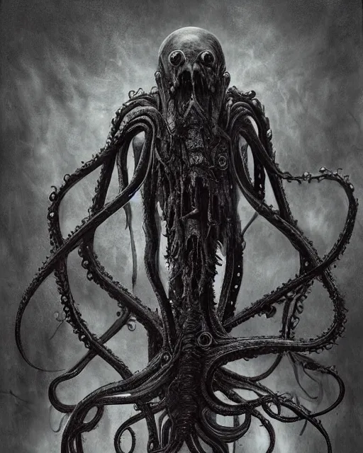 Image similar to gruesome creature with long tentacles and many eyes, endless eyes!, glowing eyes!, too many eyes!, midnight fog - mist!, dark oil painting colors, realism, cinematic lighting, various refining methods, micro macro autofocus, ultra definition, award winning photo, photograph by ghostwave - gammell - giger - shadowlord