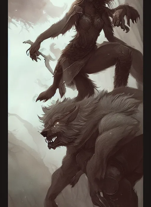 Image similar to a werewolf guardian supporting a small sorcerer girl on his shoulder, ultra detailed, fantasy, dramatic lighting, trending on artstation, award - winning, artgerm and greg rutkowski, 8 k