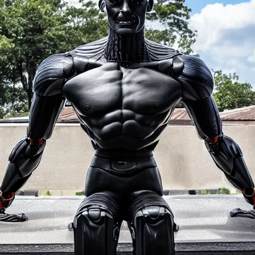 Image similar to a realistic detailed photo of a guy who is an attractive humanoid who is half robot and half humanoid, who is a male android, wrestler finn balor, shiny skin, posing like a statue, blank stare, by the pool, on display, showing off his muscles, humanoid robot, frozen ice statue