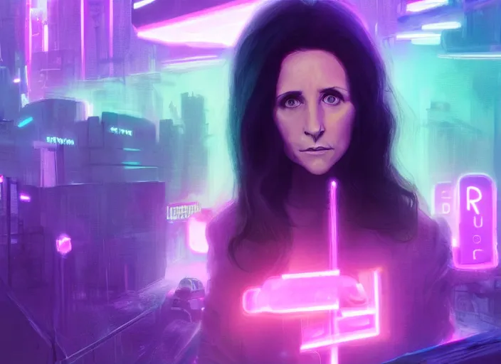 Prompt: beautiful Julia Louis-Dreyfus, blade runner 2049, long flowing hair, trending on artstation, unreal engine, purple neon, green rain, matte painting