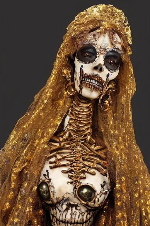 Prompt: a cinematic view of a ornated intricate princess skelleton statue made by hedi xandt, realistic, macabre art, stained wrapped skin, using gold ornaments of insect parts detailed image