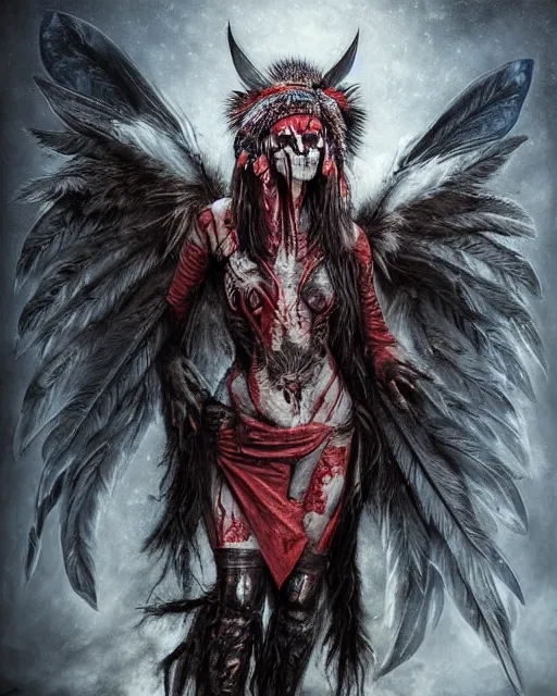 Image similar to wolf - human hybrid mutant ghost - spirit of the grim - warpaint wears the scarlet skull armor and native blood headdress feathers, midnight fog - mist!, dark oil painting colors, realism, cinematic lighting, various refining methods, micro macro autofocus, ultra definition, award winning photo, photograph by ghostwave - gammell - giger - shadowlord