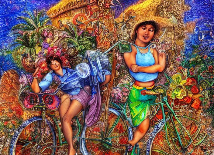 Prompt: 🌴🚲👴🏿🦋, lowbrow, 3 - d highly detailed, in the style of, josephine wall,