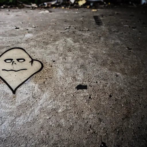 Prompt: a closeup photograph of a creepy comedy mask lying on a concrete floor in an abandoned building