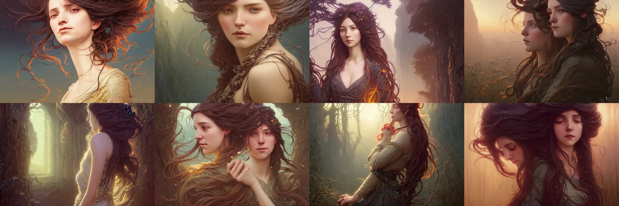 Image similar to highly detailed portrait of a woman with long hairs, stephen bliss, unreal engine, fantasy art by greg rutkowski, art nouveau, loish, rhads, ferdinand knab, makoto shinkai and lois van baarle, ilya kuvshinov, rossdraws, tom bagshaw, alphonse mucha, global illumination, radiant light, detailed and intricate environment