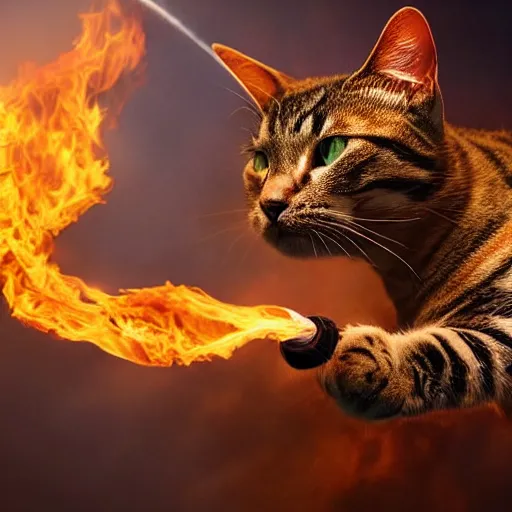 Image similar to highly detailed 4 k realistic photo of a cat battling a fire breathing dragon