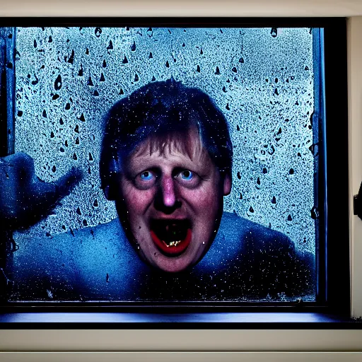 Image similar to photo of dark blue rainy bedroom window at night, dimly lit creepy | screaming face of boris johnson staring in through the window, bloody hands, horror, scary face, demonic face,