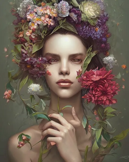 Prompt: portrait of a woman made of flowers, overgrown beauty portrait, stylized art by artgerm, wlop, peter mohrbacher