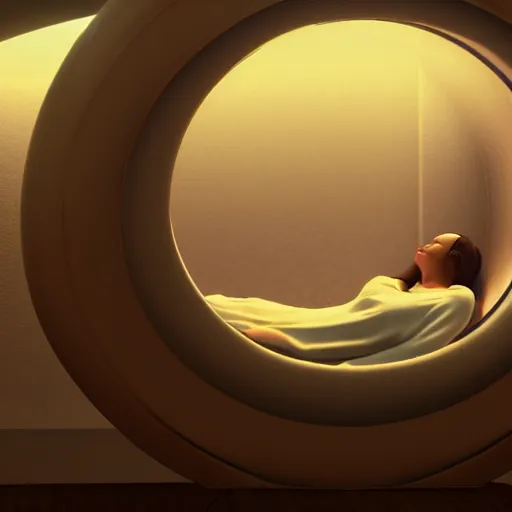 Prompt: a woman lying inside a hibernation pod, side view, in the style of blade runner, unreal engine 5, octane rendering, ray tracing - w 9 6 0