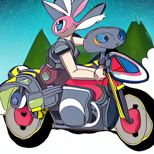 Image similar to a pokemon that's part bunny part motorcycle, kawaii