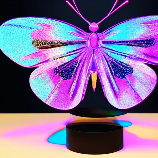 Prompt: a colorful butterfly sculpture sitting on top of a table, a hologram by damien hirst, featured on zbrush central, kinetic art, made of crystals, made of insects, glowing neon