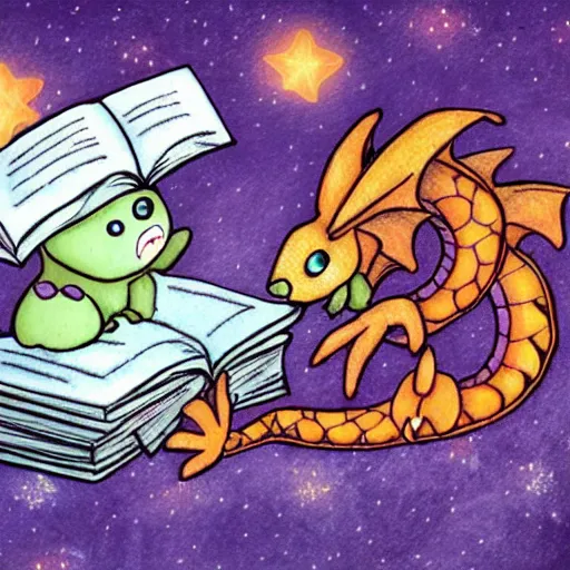 Image similar to cute dragon reading a book underneath the stars