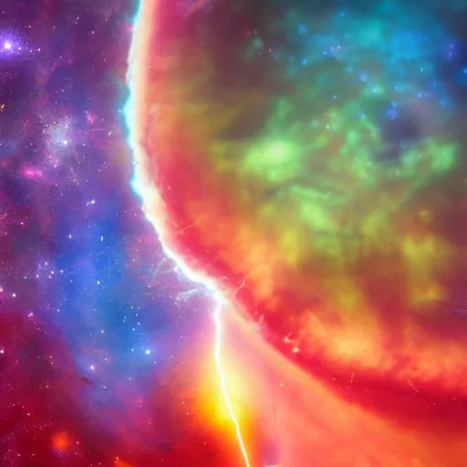 Image similar to nebula made of lightning, planets, shore, twister, frog, 4 k