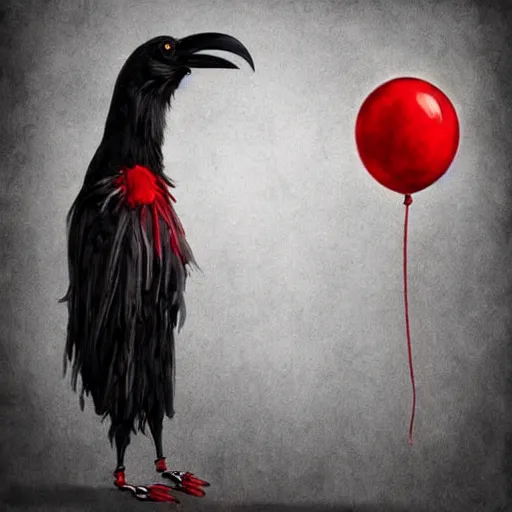 Image similar to surrealism grunge cartoon portrait sketch of a raven with a wide smile and a red balloon by - michael karcz, loony toons style, pennywise style, horror theme, detailed, elegant, intricate