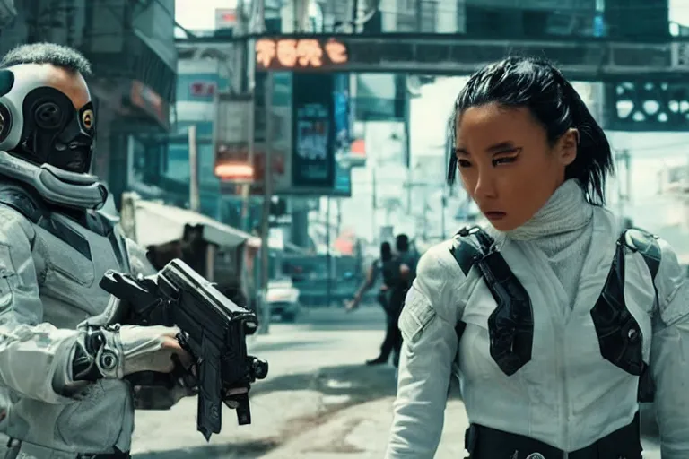 Image similar to movie diverse interracial team of Japanese sci-fi futuristic robbers armed with rifles interior clean futuristic tactical van, cyberpunk city, beautiful skin, Symmetrical faces. natural lighting by Emmanuel Lubezki