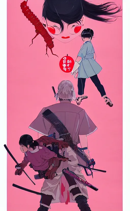 Image similar to Artwork by James Jean, Phil noto and hiyao Miyazaki ; a young Japanese future samurai police girl named Yoshimi battles an enormous looming evil natured carnivorous pink robot on the streets of Tokyo; Japanese shops and neon signage; crowds of people running; Art work by hiyao Miyazaki, Phil noto and James Jean