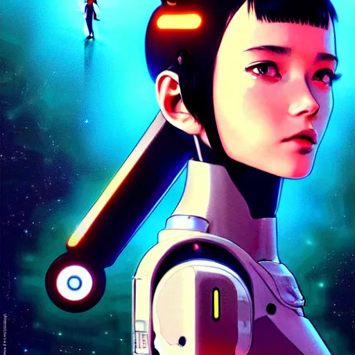 Image similar to side portrait scifi cyborg girl with robotic parts and spacesuit | | head only in center of image, audrey plaza, fine detail!! anime!! realistic shaded lighting!! poster by ilya kuvshinov katsuhiro otomo ghost - in - the - shell, magali villeneuve, artgerm, jeremy lipkin and michael garmash and rob rey