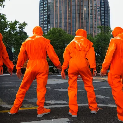 Image similar to love, diverse orange cybersuits, from behind, connection rituals, wide wide angle, vivid, elaborate, highly detailed, beautiful lighting