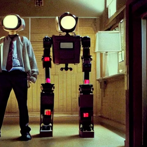 Image similar to movie still of a man and a robot in a moment of jealousy, movie by edgar wright