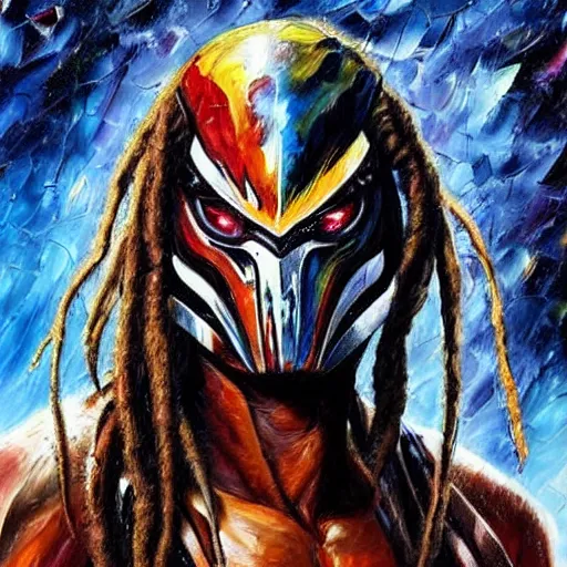 Prompt: painting of an alien with dreadlocks and high tech armor, The Predator, Yautja, by Leonid Afremov, hyperdetailed!!!!!!!!!