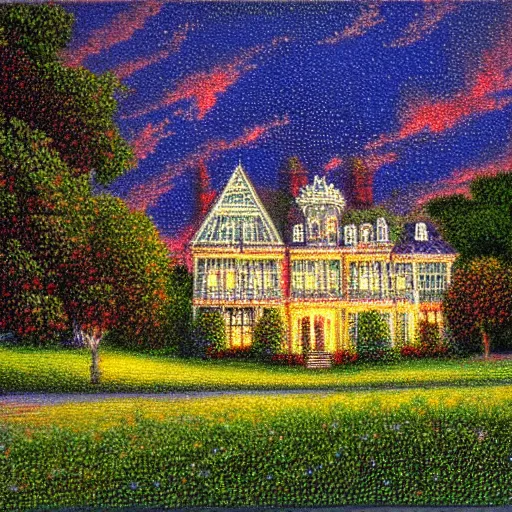 Image similar to Pointillism Painting of a Victorian manor at dusk soft glow HDR