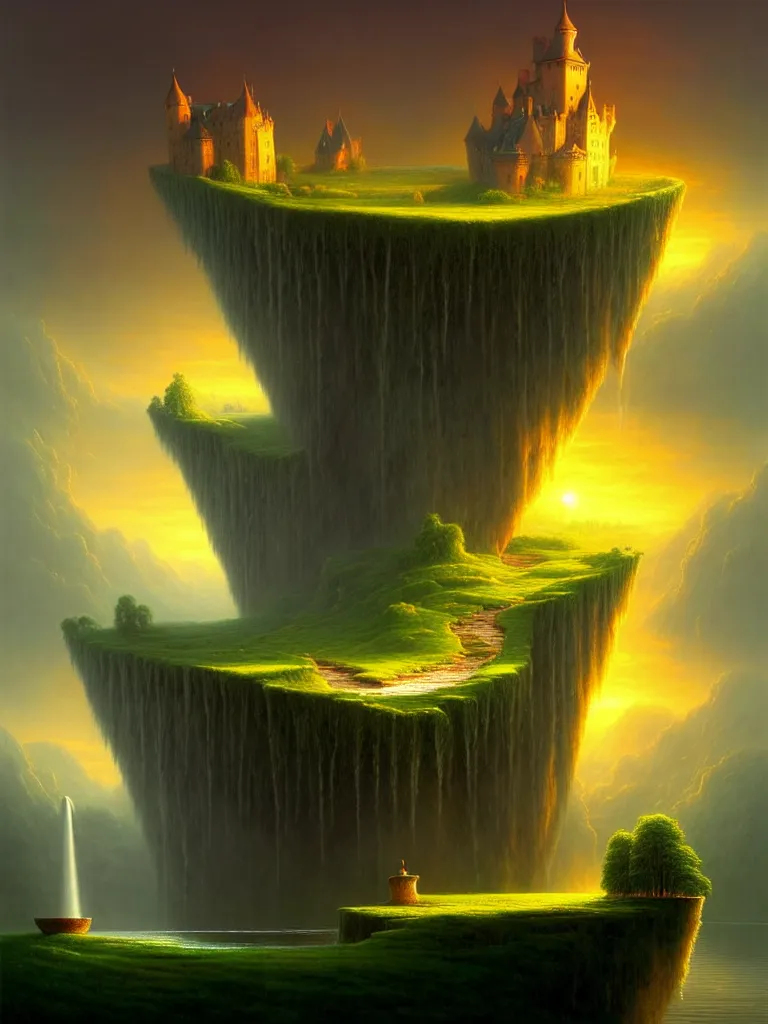 Prompt: gediminas pranckevicius an immense gigantic ornated iron cup with a lake inside, water in excess droping by thomas cole, boats, castle, sunset, volumetric light, godrays