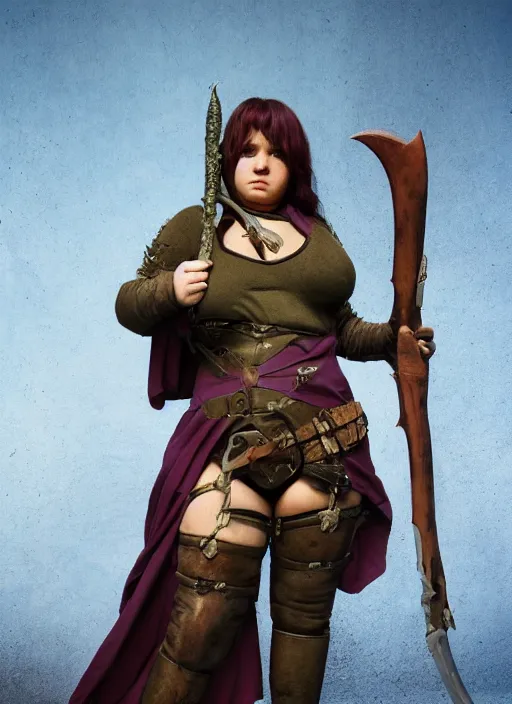 Image similar to ultra realistic photo of medieval chubby beautiful rogue hunter demon girl, full body, rule of thirds, saturated colors, cinematic, mignola, mucha