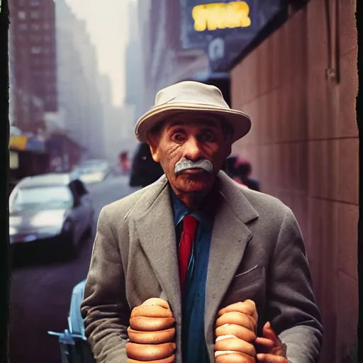 Image similar to closeup portrait of a sneaky man hiding trying to sell hotdogs in a smoky new york back street , by Annie Leibovitz and Steve McCurry, natural light, detailed face, CANON Eos C300, ƒ1.8, 35mm, 8K, medium-format print