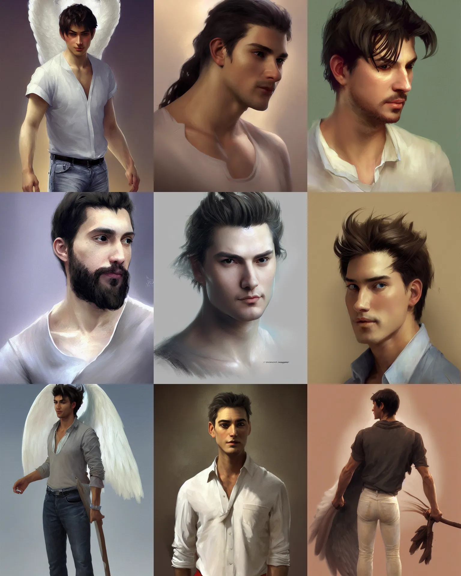 Prompt: character concept portrait of a handsome male angel, Middle-Western ethnicity. Clean-shaven, hair in a ponytail. Shirt, jeans and barefoot. Distant full-body view. Digital painting, concept art, smooth, sharp focus, illustration, by Ruan Jia and Mandy Jurgens and Artgerm and William-Adolphe Bouguereau