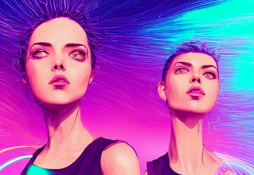 Prompt: a award winning half body portrait of a beautiful woman in a croptop and cargo pants with ombre purple pink teal hairstyle surrounded by whirling illuminated lines, outrun, vaporware, shaded flat illustration, digital art, trending on artstation, highly detailed, fine detail, intricate, sensual, elegant, seductive
