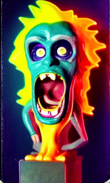 Image similar to colorful crystal gary busey creature, 9 0 s toy commercial, photo from the 7 0 s, horror lighting, neon lighting, polaroid photo,