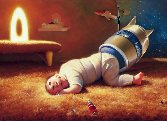 Prompt: toddler elon musk lying on a shaggy rug playing with his space rockets, oil painting, realistic materials, beautiful soft lighting, edouard bisson