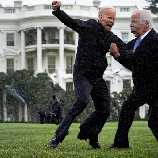 Image similar to a predator monster battling joe biden on the white house lawn during a storm, dramatic