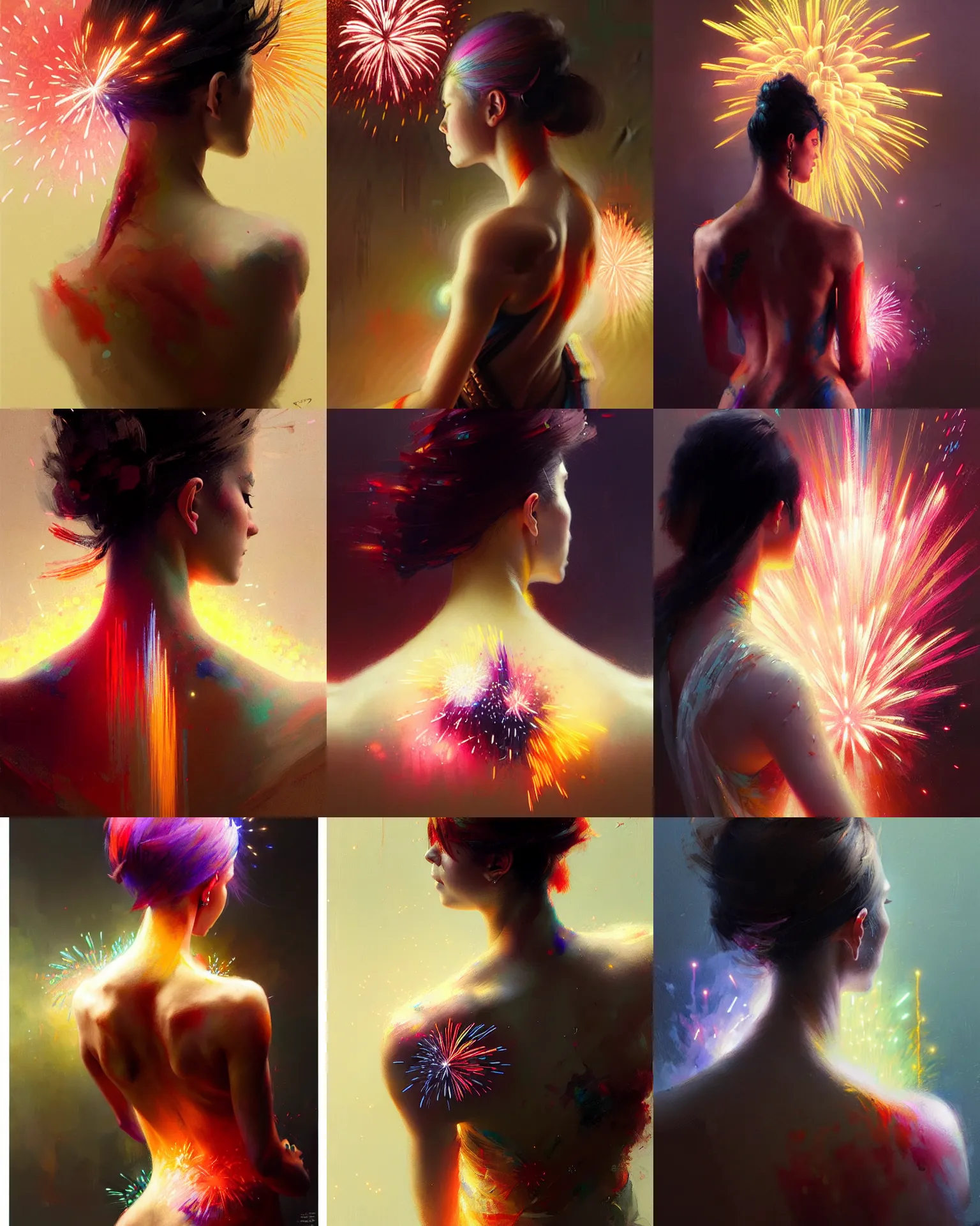 Prompt: back portrait female, multicolored fireworks, intricate, sharp focus, illustration, highly detailed, digital painting, concept art, matte, art by ruan jia and wlop and greg rutkowski, masterpiece