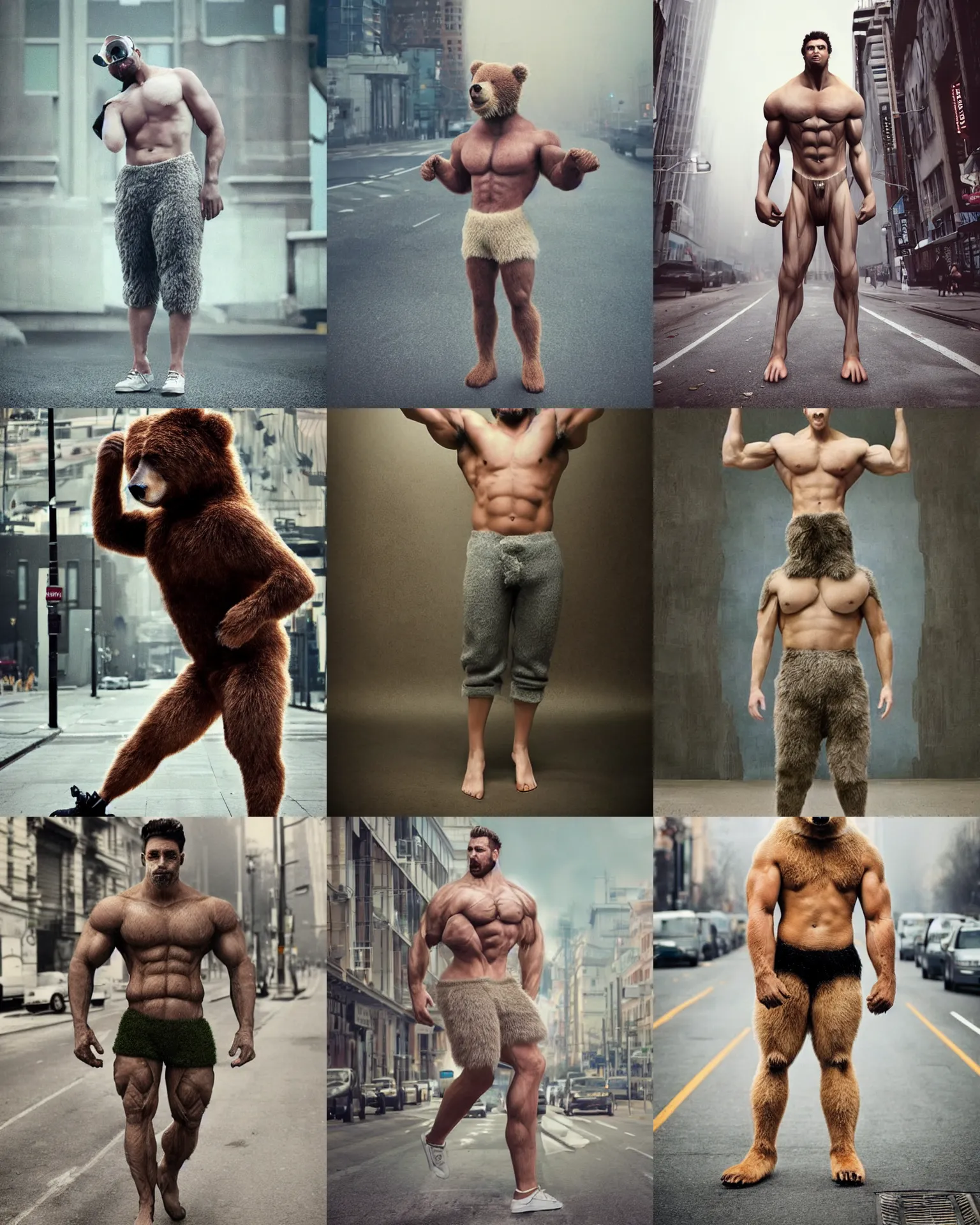 Prompt: very realistic! epic pose!!! anthropomorphic grizzy bear oversized giant flexing muscle whole furry body shorts pants ,in busy city , full body , Cinematic focus, Polaroid photo, vintage , neutral dull colors, soft lights, foggy mist , by oleg oprisco , by national archives, by discovery channel, by victor enrich , by gregory crewdson