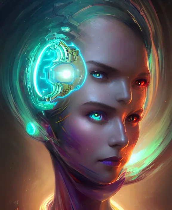 Image similar to whirlwind of souls rushing inside the metaverse, half body, glowin eye, tiara, pharaoh, android, cyborg, cyberpunk face, by loish, d & d, fantasy, intricate, elegant, highly detailed, colorful, vivid color, digital painting, artstation, concept art, art by artgerm and greg rutkowski and alphonse mucha and ruan jia