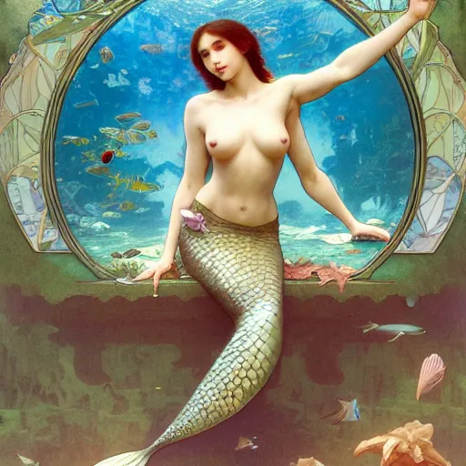 Image similar to mermaid trapped in an aquarium, intricate, art by artgerm and greg rutkowski and alphonse mucha and william - adolphe bouguereau, high detailed, 4 k,