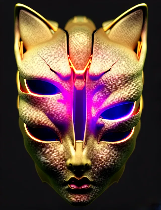 Prompt: complex 3 d render of a beautiful porcelain robot - cat woman face, with glowing eyes magenta gold and black, fractal veins. dragon cyborg, 1 5 0 mm, beautiful natural soft light, rim light, gold fractal details, fine lace, mandelbrot fractal, anatomical, glass, facial muscles, elegant, ultra detailed, metallic armor, octane render, depth of field