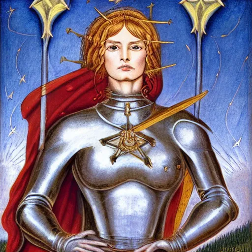 Image similar to jeanne d'arc in the style of william blake, terese nielsen, detailed, intricate, beautiful faces, steve argyle, o fortuna!, detailed, intricate pastoral fantastic reality, 8 k resolution,