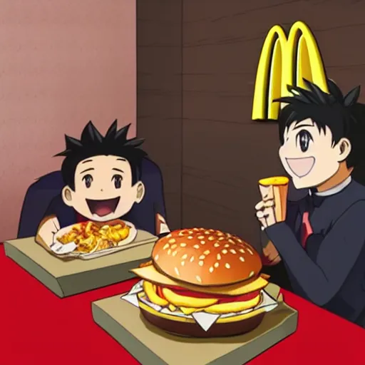 Prompt: Tanjiro Kamado eating at McDonalds; anime