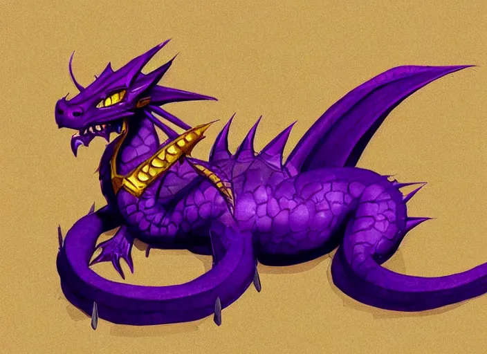 Prompt: A tiny cute purple and gold dragon lays down on its back, cute dragon looking up relaxing, digital art, artstation