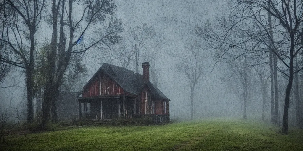 Image similar to old house at the end of a forest road in the rain, creepy ambiance, high focus, highly detailed