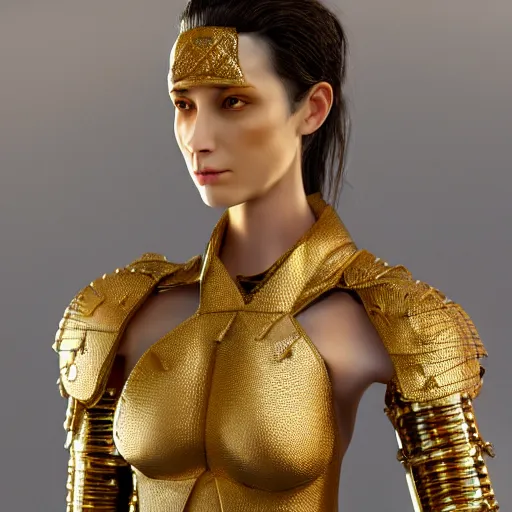 Prompt: female character, delicate features, fast movement, proportional figure. kaycee rice. neopunk armor, brass, intricate jewelry, gemstones, gold. ultra realistic. fine details. volumetric light. 8 k.