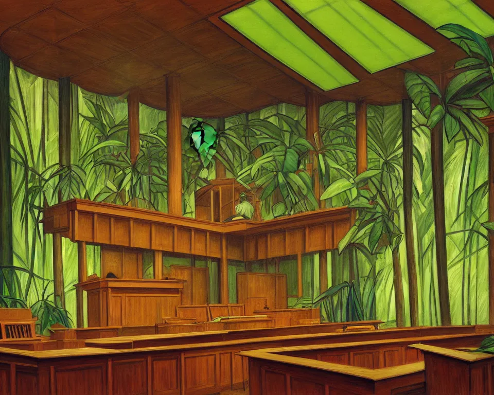 Image similar to a courtroom in the rainforest by hopper. hyperdetailed, proportional, romantic, enchanting, achingly beautiful, graphic print, trending on artstation, jungle, tropical, foliage