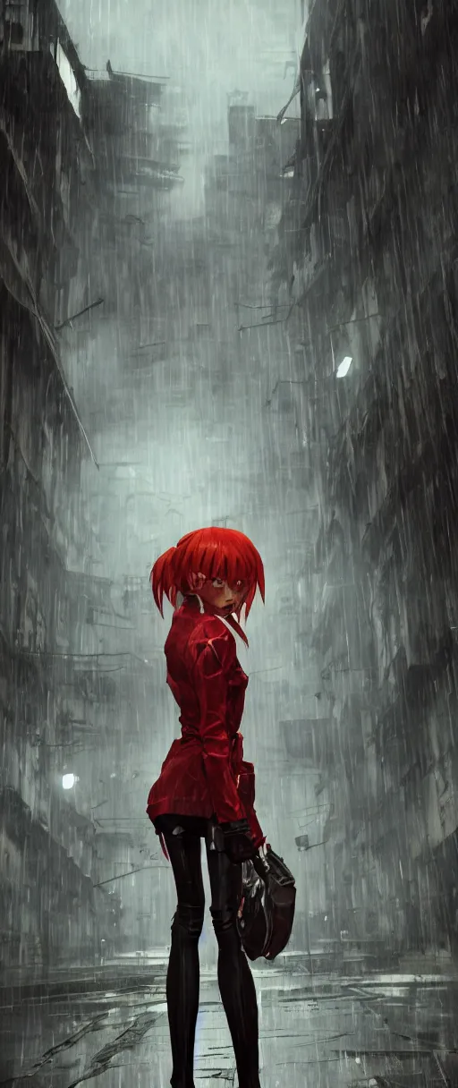 Prompt: asuka langley showing her outsider's mark in a dishonored town, dunwall city, advanced digital art, dishonored aesthetic, cinematic lighting, rainy weather, melancholy atmosphere, artstation, dunwall city, gothic architecture, volumetric light, octane render, dishonored game, dishonored 1, atmosphere or depression and despair, cute anime face