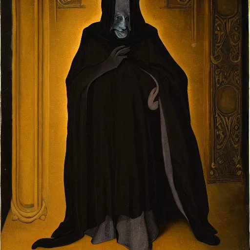 Prompt: A painting of a figure in a black hooded cloak, with a hidden face and a dark aura, in a gothic style.