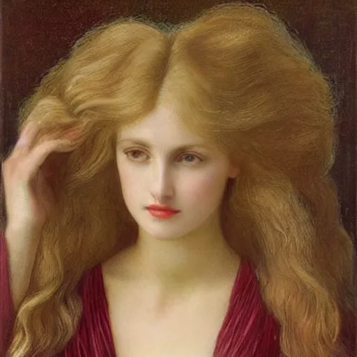 Image similar to The woman is very beautiful, she has a refined nose, plump lips, she is blonde Pre-Raphaelite style