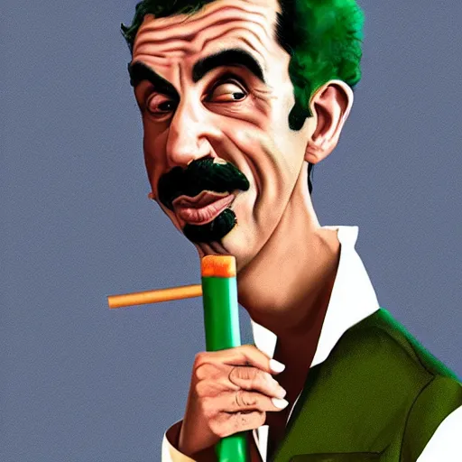 Prompt: Borat smoking a giant rolled cannabis cigarette, caricature, smoke, amazing detail, digital art, artstation