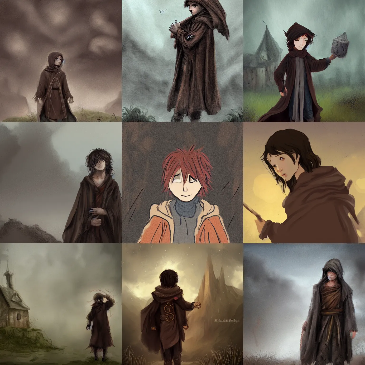 Prompt: a melancholic wandering, young wizard, dressed in a ragged, dirty brown traveling cloak. The background is a poor village in the thunder storm, fantasy concept art by Melanienemo, trending on DeviantArt.